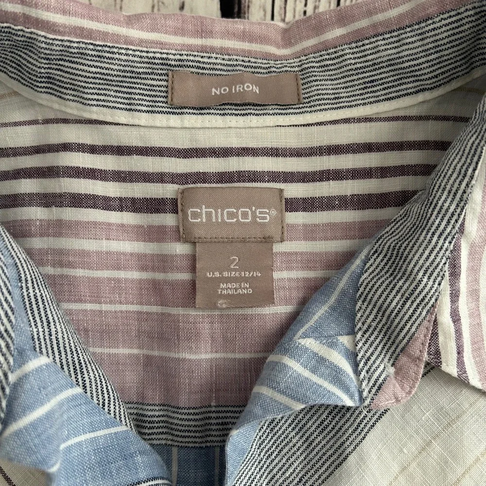 Chicos No Iron 100% Linen Chevron Stripe Button Down Shirt Tunic Blue Red Size 2